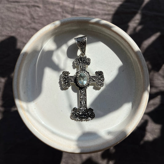 Silver Detailed Blue Topaz Cross Pendant